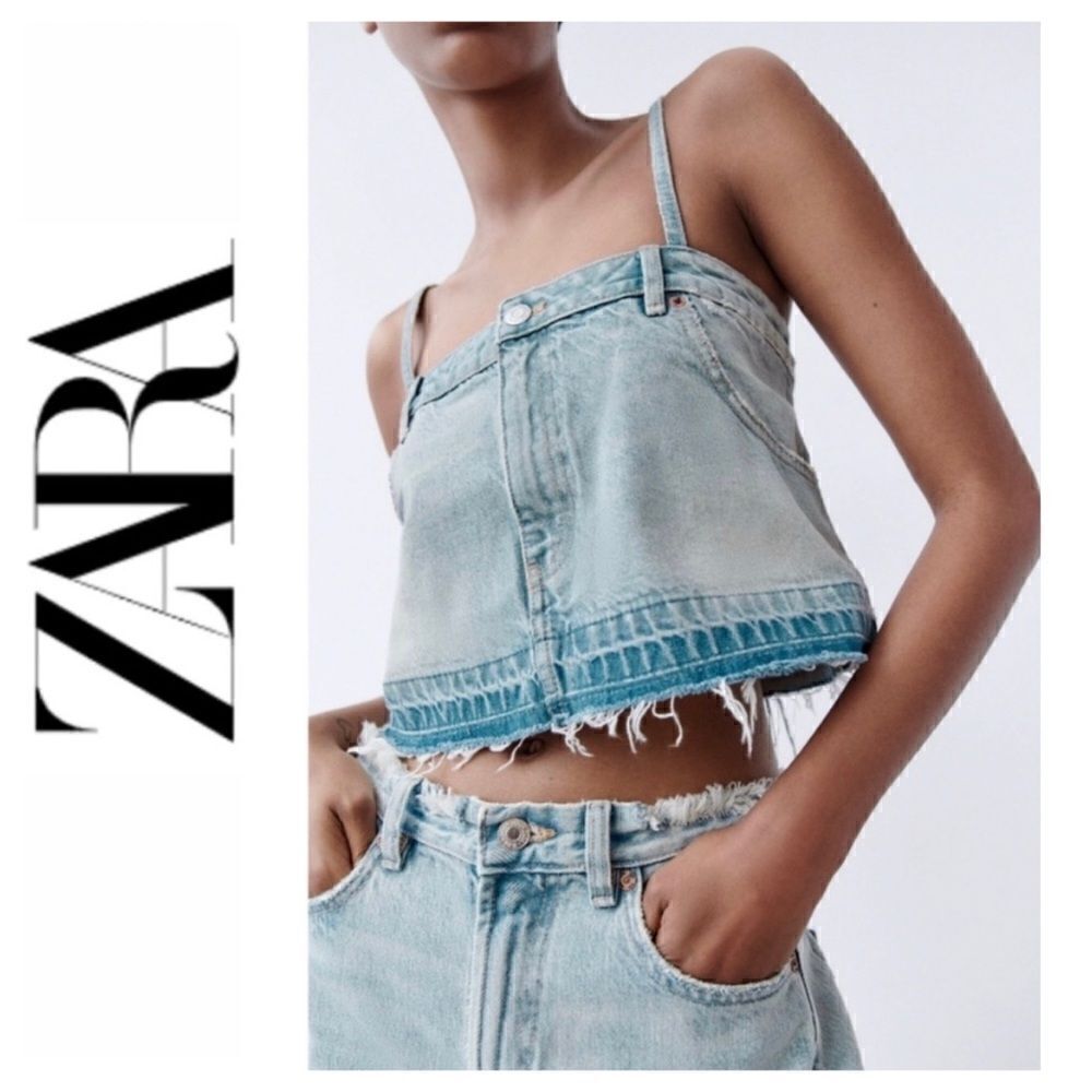 NWT Zara Light Wash Raw Released Hem Mini Skirt Effect Denim Cropped Top, XS